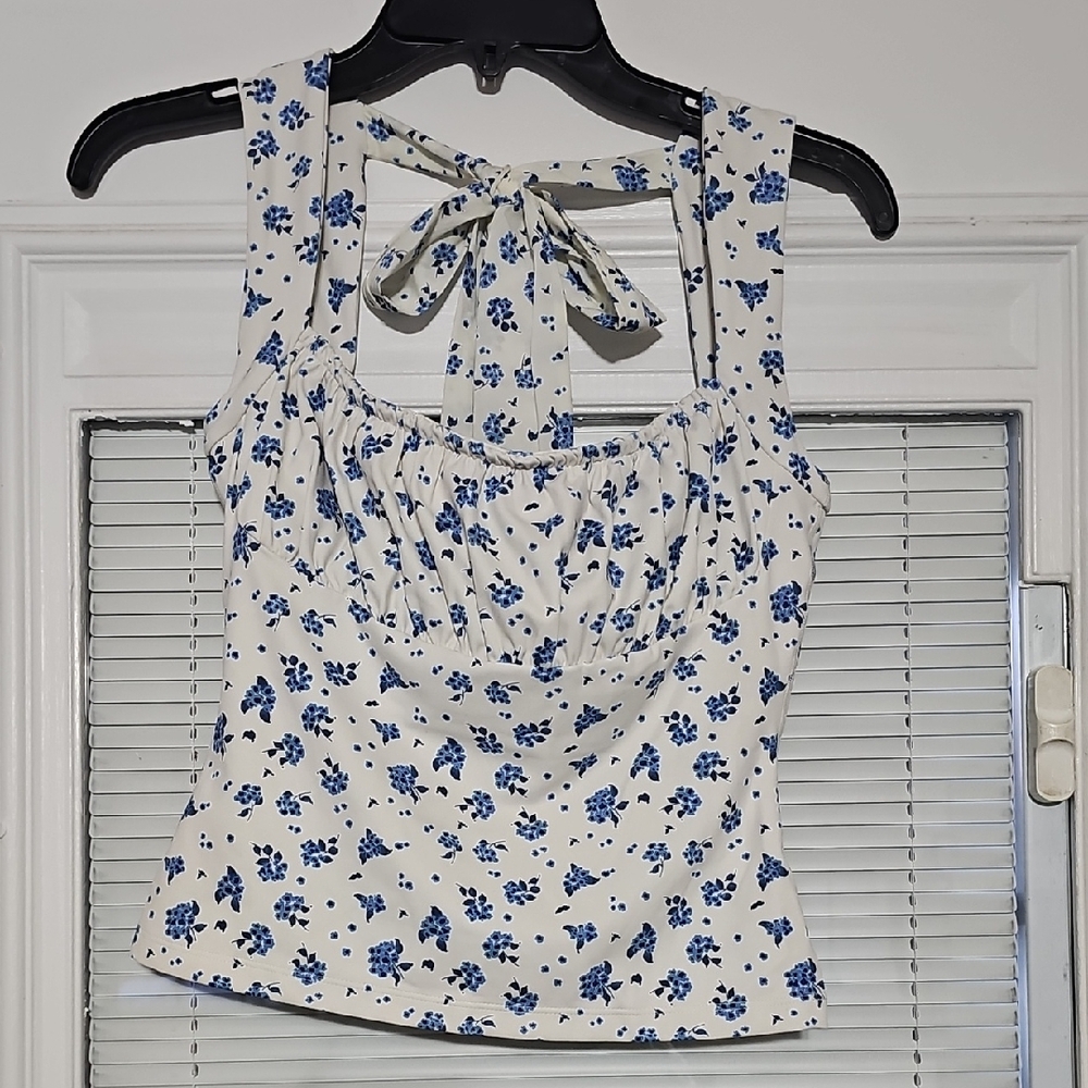 White & Blue Floral Tie-Back Camisole